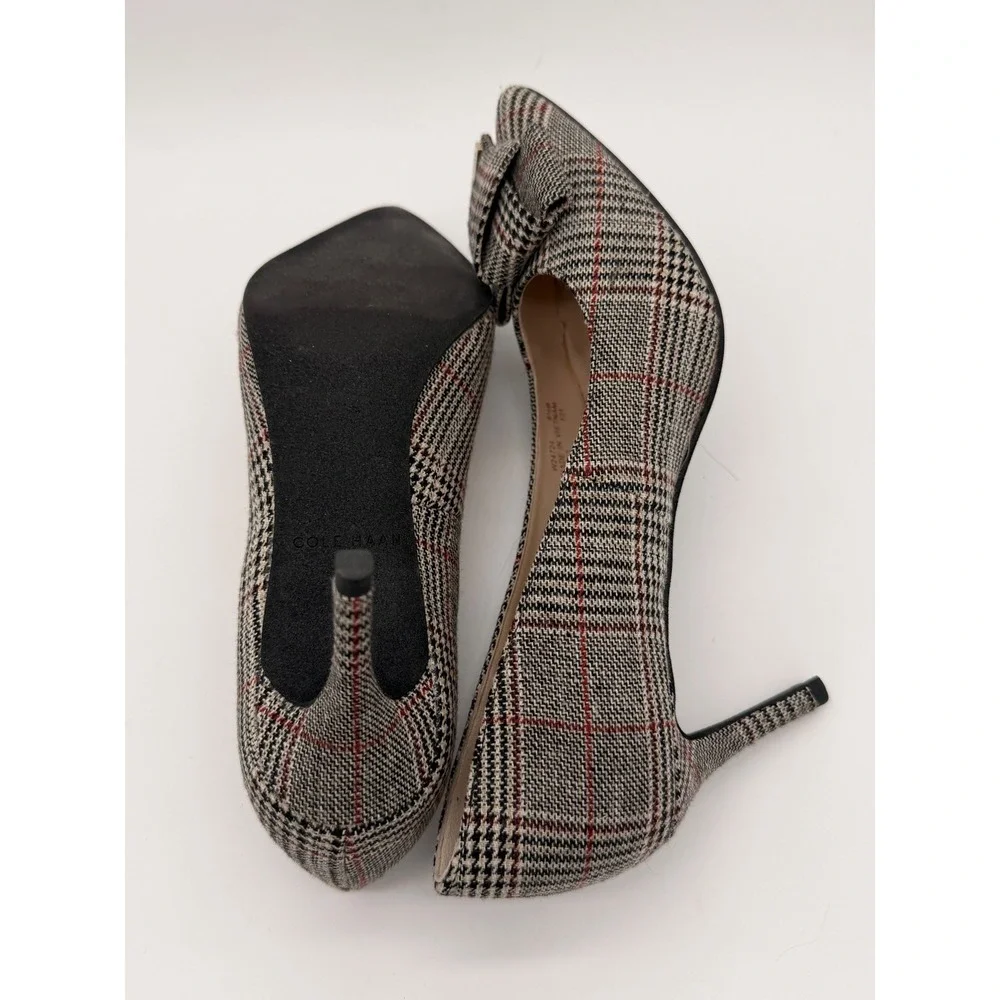 Cole Haan Grandseries Plaid Bow Pumps‎ Pointed Toe Heels Gray Red W24724 6.5B